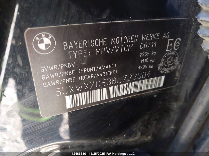 2011 BMW X3 xDrive35I VIN: 5UXWX7C53BL733004 Lot: 12466636