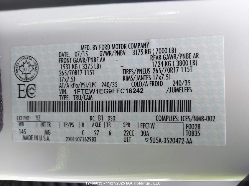 1FTEW1EG9FFC16242 2015 FORD F-150 photo no. 9