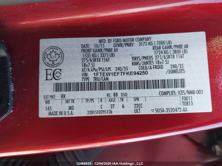 1FTEW1EF7FKE94250 2015 FORD F-150 photo no. 9