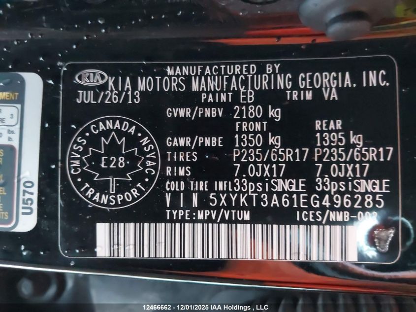 2014 Kia Sorento Lx/Se VIN: 5XYKT3A61EG496285 Lot: 12466662