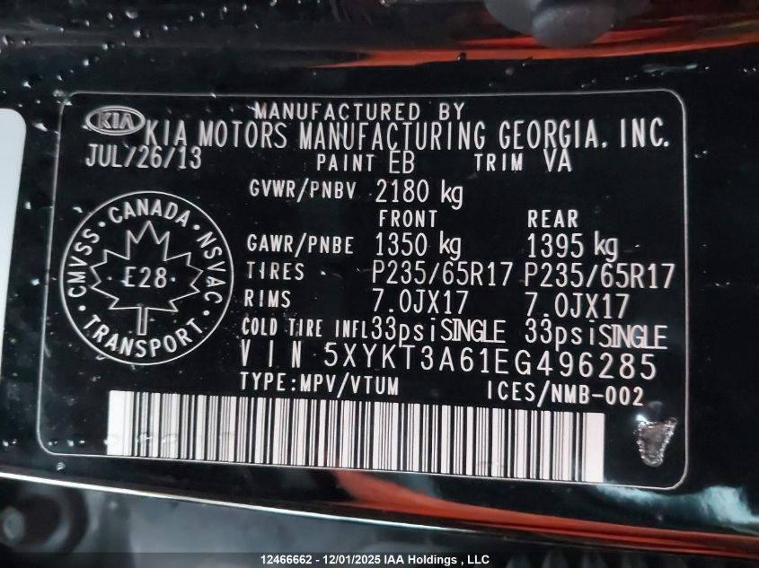 2014 Kia Sorento Lx/Se VIN: 5XYKT3A61EG496285 Lot: 12466662