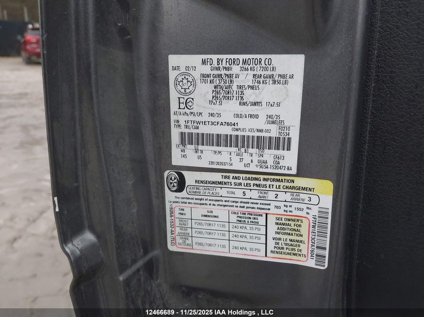 2012 Ford F150 Supercrew VIN: 1FTFW1ET3CFA76041 Lot: 12466689