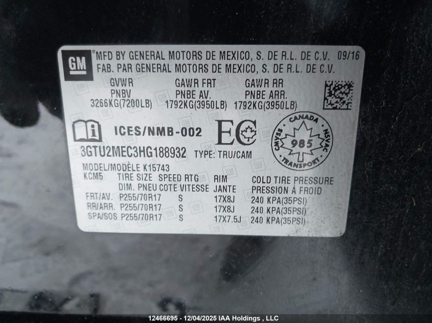 2017 GMC Sierra K1500 Sle VIN: 3GTU2MEC3HG188932 Lot: 12466695