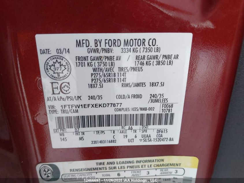 2014 Ford F-150 Xlt VIN: 1FTFW1EFXEKD77877 Lot: 12466697