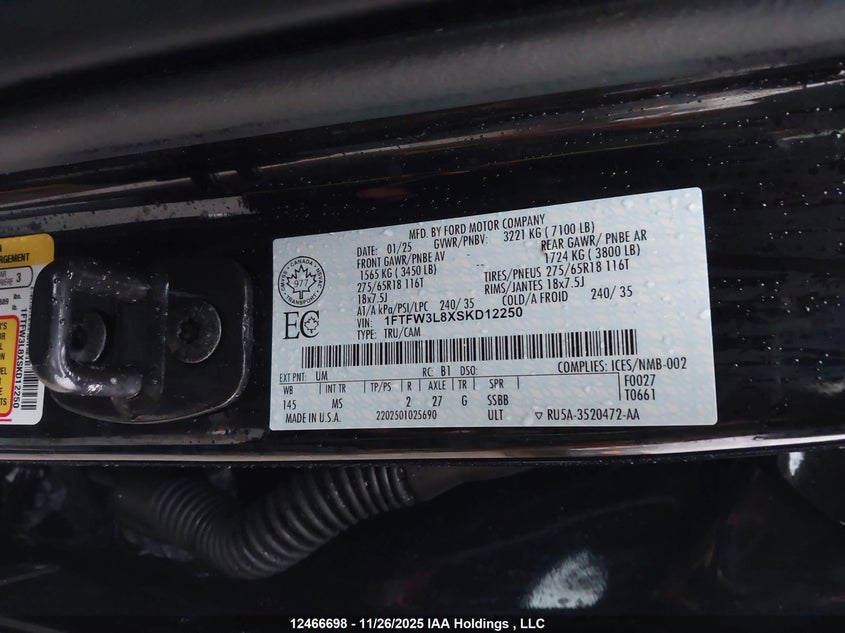 2025 Ford F150 Xlt VIN: 1FTFW3L8XSKD12250 Lot: 12466698