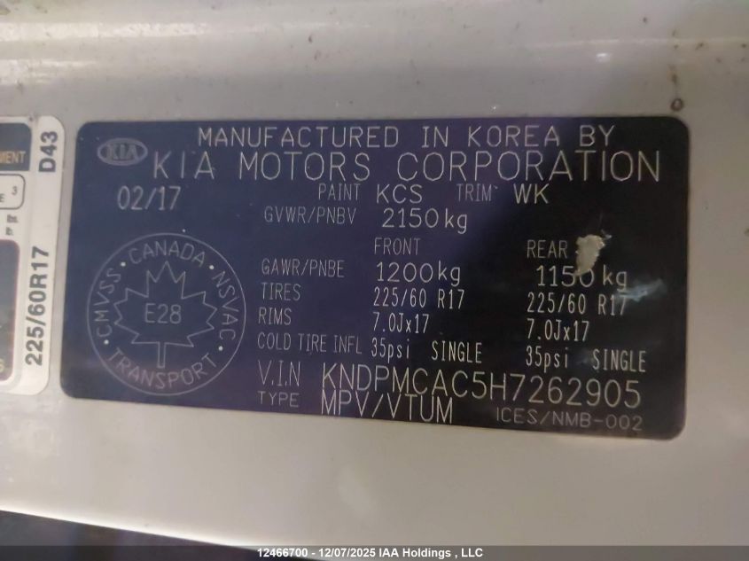 2017 Kia Sportage Lx VIN: KNDPMCAC5H7262905 Lot: 12466700
