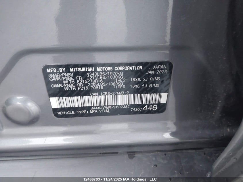 2023 Mitsubishi Rvr Se/Sel/Le/Gt VIN: JA4AJVAW4PU602382 Lot: 12466703