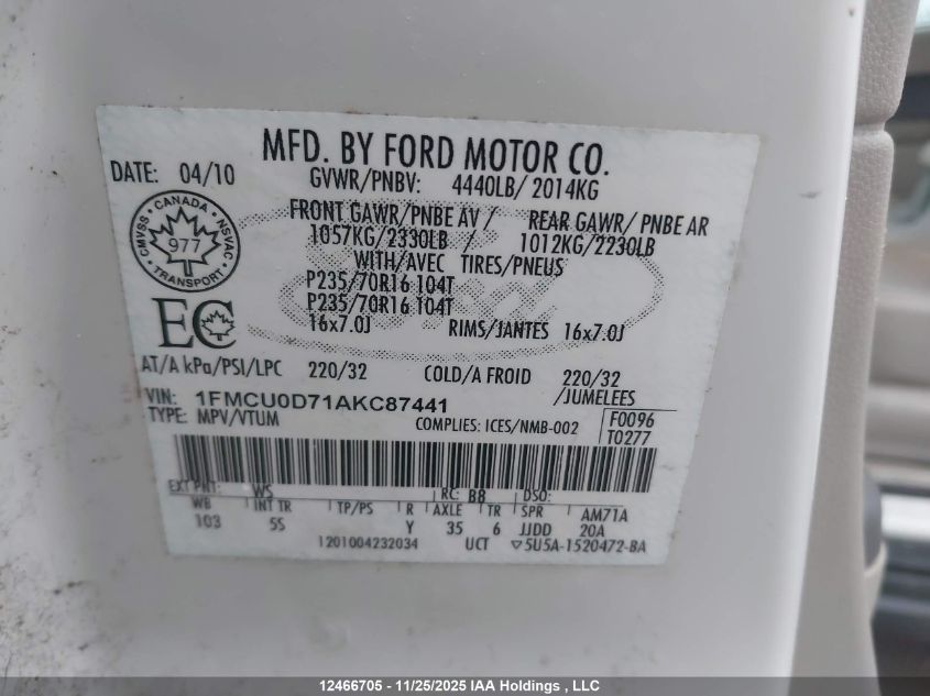 2010 Ford Escape Xlt VIN: 1FMCU0D71AKC87441 Lot: 12466705