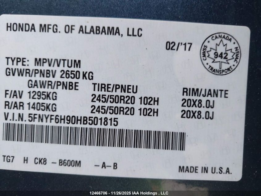 2017 Honda Pilot VIN: 5FNYF6H90HB501815 Lot: 12466706
