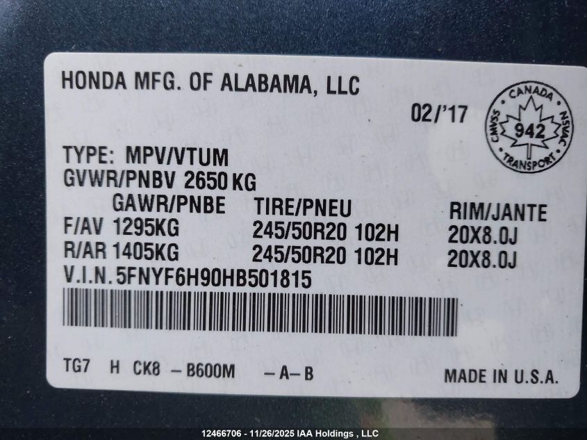 2017 Honda Pilot VIN: 5FNYF6H90HB501815 Lot: 12466706