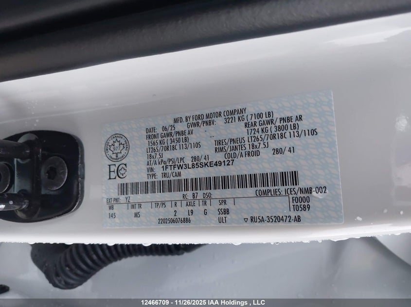 2025 Ford F150 Xlt VIN: 1FTFW3L85SKE49127 Lot: 12466709