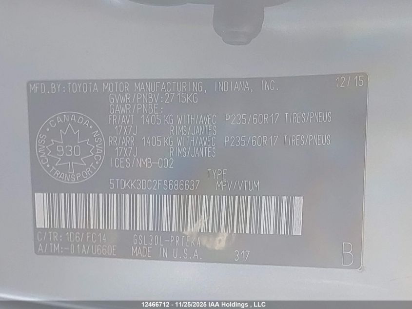 2015 Toyota Sienna Le 8 Passenger VIN: 5TDKK3DC2FS686637 Lot: 12466712