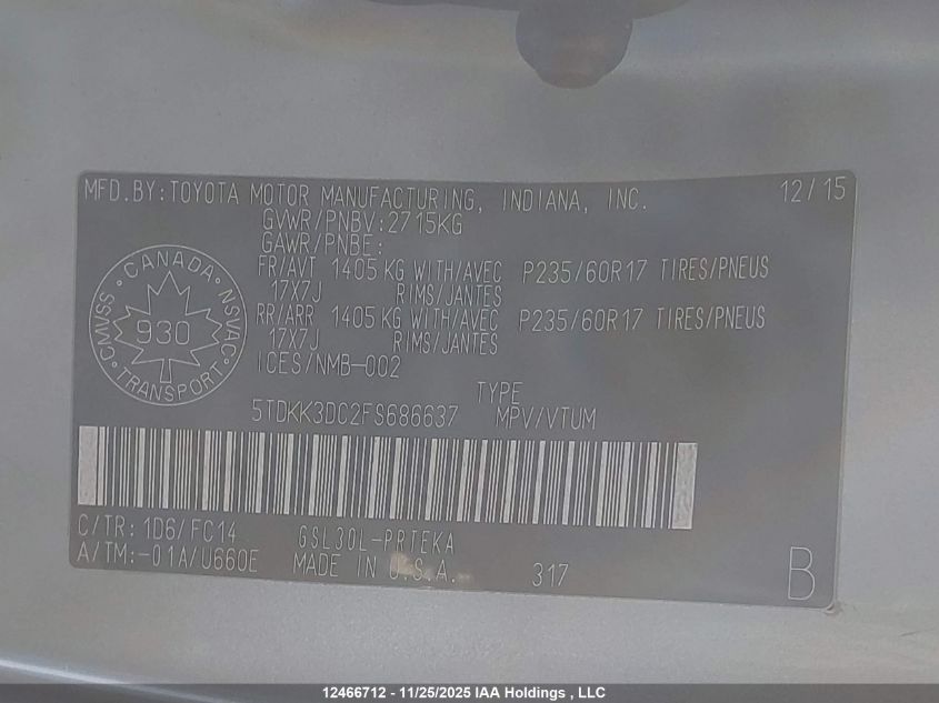 2015 Toyota Sienna Le 8 Passenger VIN: 5TDKK3DC2FS686637 Lot: 12466712