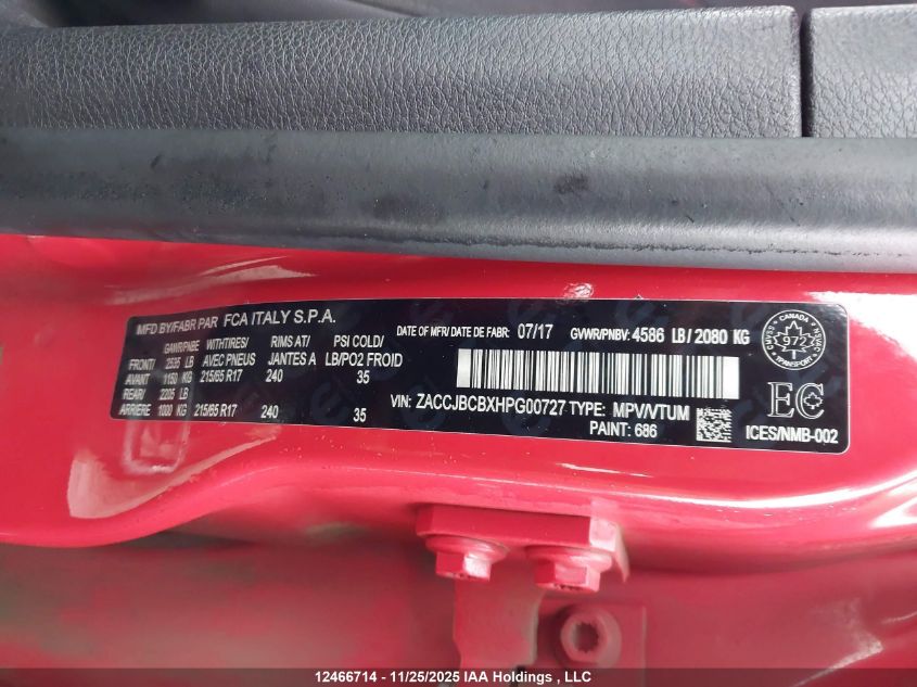 2017 Jeep Renegade Trailhawk VIN: ZACCJBCBXHPG00727 Lot: 12466714