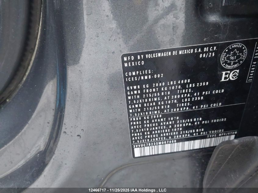 2025 Volkswagen Taos Se VIN: 3VVUC7B23SM067466 Lot: 12466717