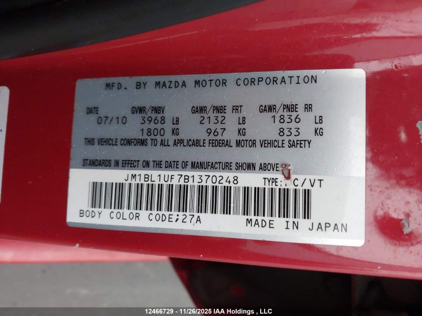 2011 Mazda 3 Mazda VIN: JM1BL1UF7B1370248 Lot: 12466729