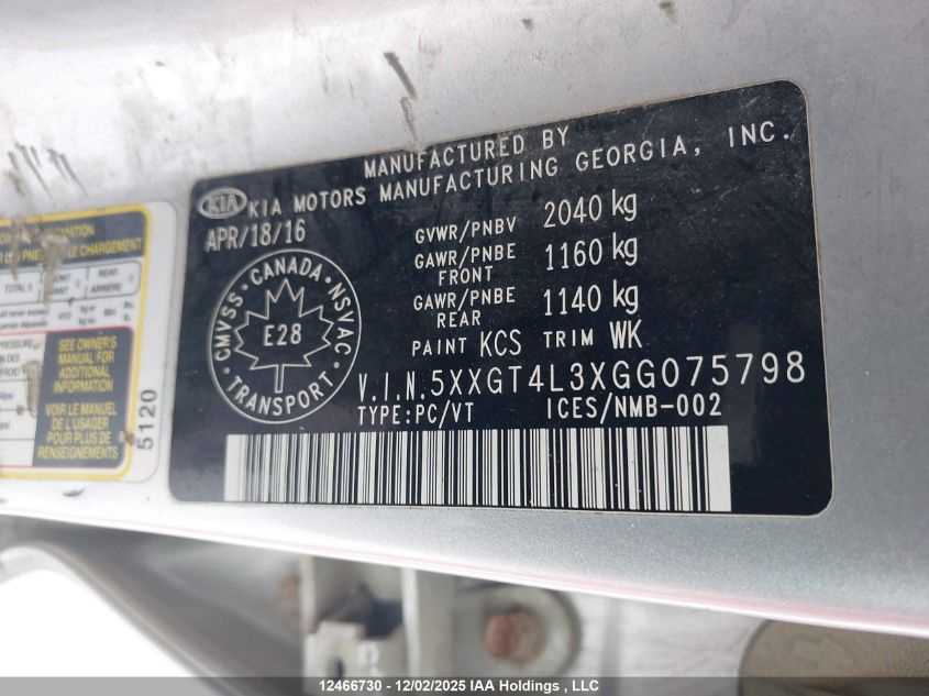 2016 Kia Optima Lx/Lx+ VIN: 5XXGT4L3XGG075798 Lot: 12466730