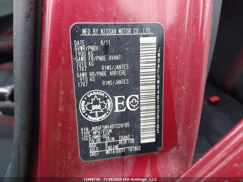 2011 Nissan Juke VIN: JN8AF5MV4BT028105 Lot: 12466736