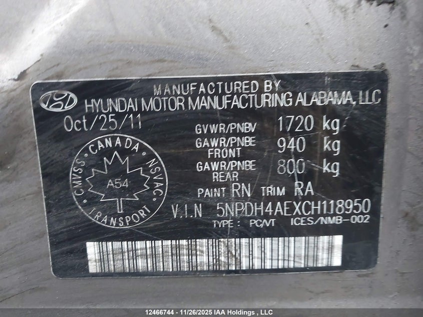 5NPDH4AEXCH118950 2012 HYUNDAI ELANTRA photo no. 9