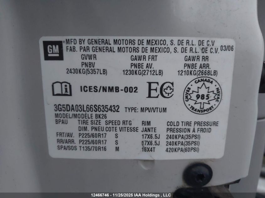 2006 Buick Rendezvous VIN: 3G5DA03L66S635432 Lot: 12466746