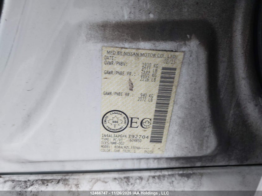 2015 Nissan Altima 2.5/S/Sv/Sl VIN: 1N4AL3AP6FN392704 Lot: 12466747
