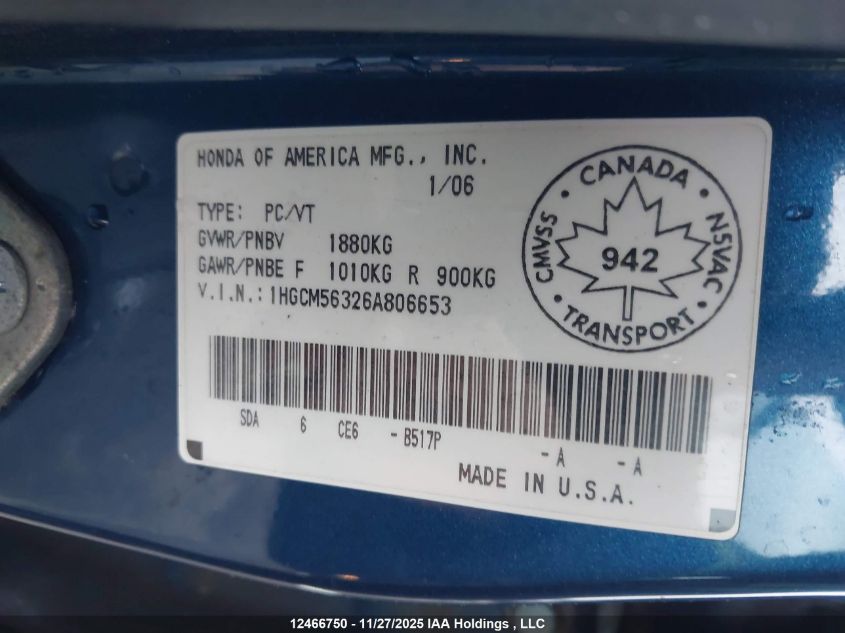 2006 Honda Accord Se VIN: 1HGCM56326A806653 Lot: 12466750