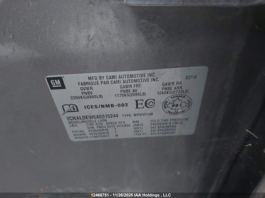 2010 Chevrolet Equinox Lt VIN: 2CNALDEW6A6315244 Lot: 12466751