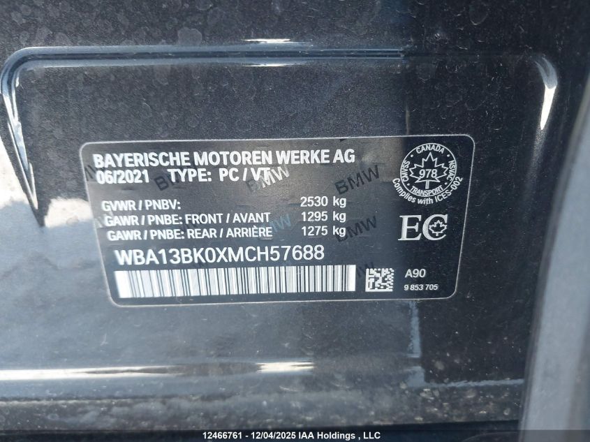 2021 BMW M550I xDrive VIN: WBA13BK0XMCH57688 Lot: 12466761