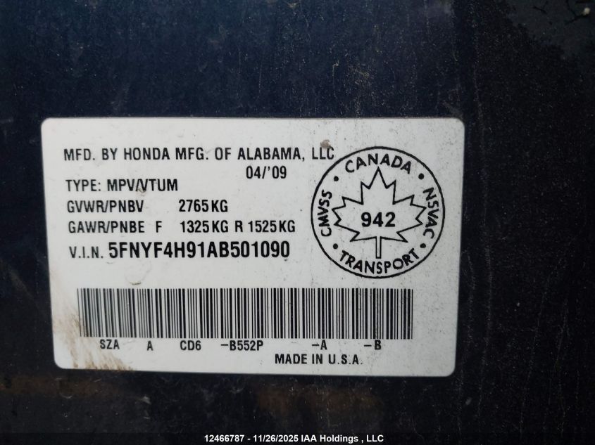 2010 Honda Pilot Touring VIN: 5FNYF4H91AB501090 Lot: 12466787