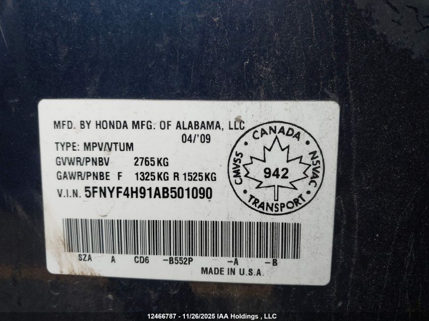 2010 Honda Pilot Touring VIN: 5FNYF4H91AB501090 Lot: 12466787