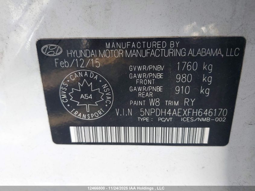 2015 Hyundai Elantra Se/Sport/Limited VIN: 5NPDH4AEXFH646170 Lot: 12466800