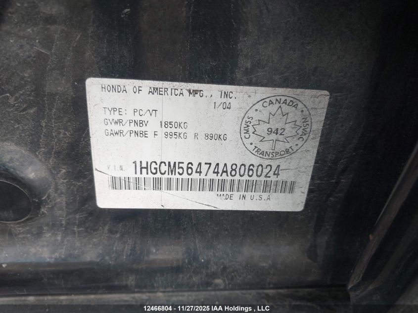 2004 Honda Accord VIN: 1HGCM56474A806024 Lot: 12466804