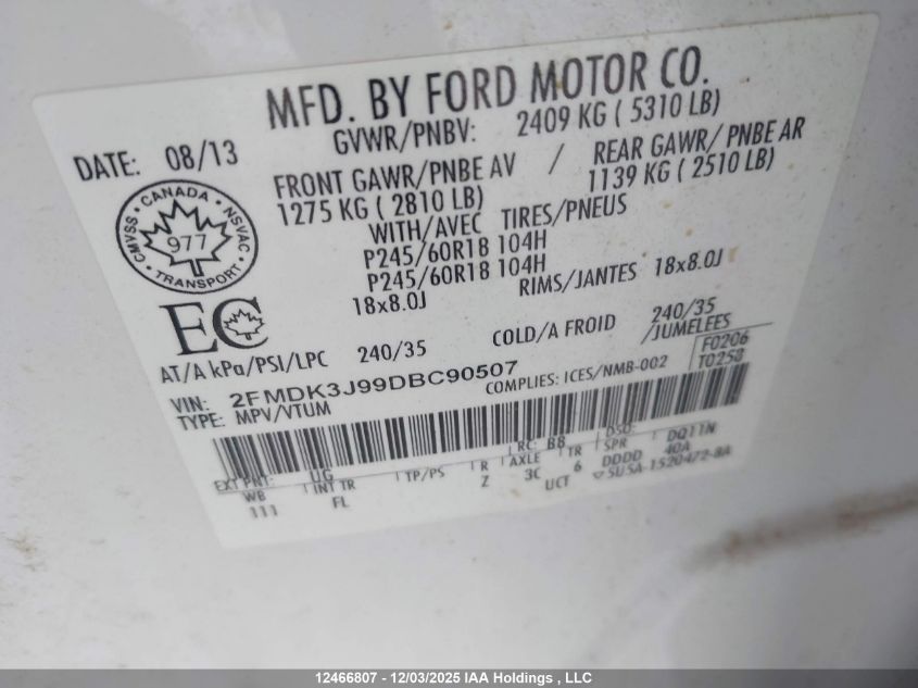 2013 Ford Edge VIN: 2FMDK3J99DBC90507 Lot: 12466807