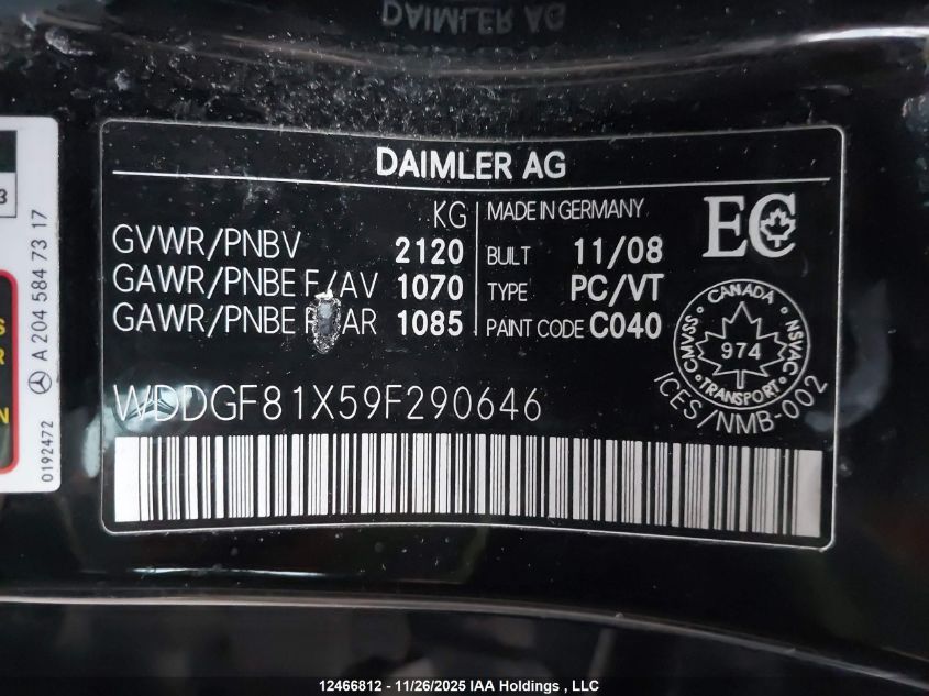 2009 Mercedes-Benz VIN: WDDGF81X59F290646 Lot: 12466812