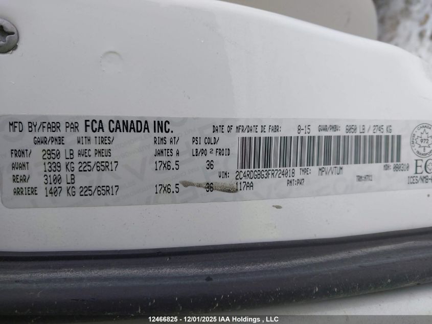 2015 Dodge Grand Caravan Se/Sxt VIN: 2C4RDGBG3FR724018 Lot: 12466825