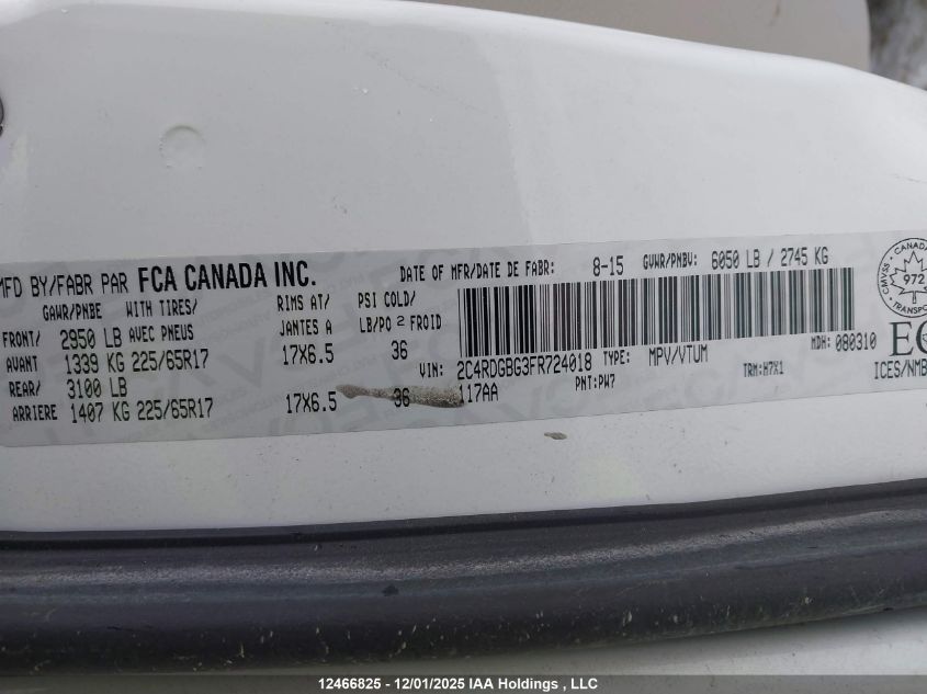 2015 Dodge Grand Caravan Se/Sxt VIN: 2C4RDGBG3FR724018 Lot: 12466825