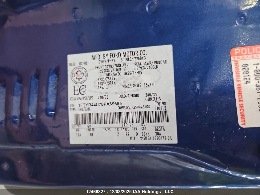 2008 Ford Ranger Super Cab VIN: 1FTYR44U78PA69655 Lot: 12466827