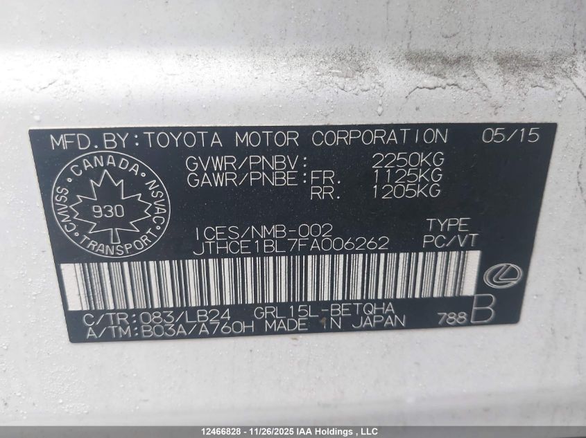 2015 Lexus Gs 350 350 VIN: JTHCE1BL7FA006262 Lot: 12466828