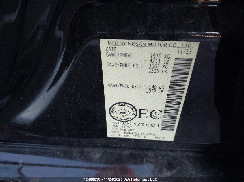 2014 Nissan Altima 2.5/S/Sv/Sl VIN: 1N4AL3AP5EN251024 Lot: 12466830