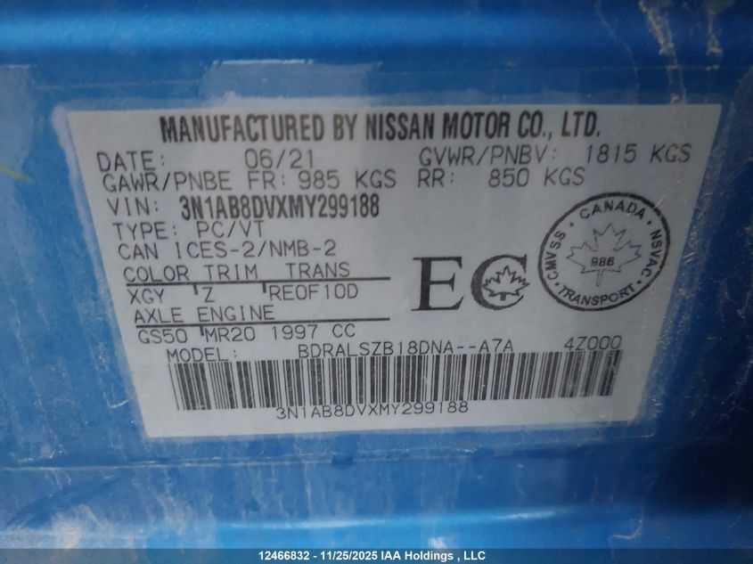 2021 Nissan Sentra Sr VIN: 3N1AB8DVXMY299188 Lot: 12466832