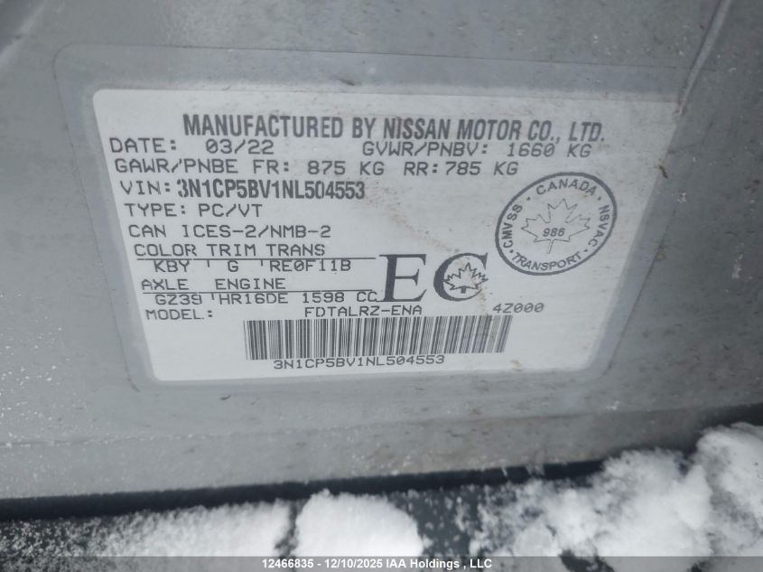 2022 Nissan Kicks S VIN: 3N1CP5BV1NL504553 Lot: 12466835