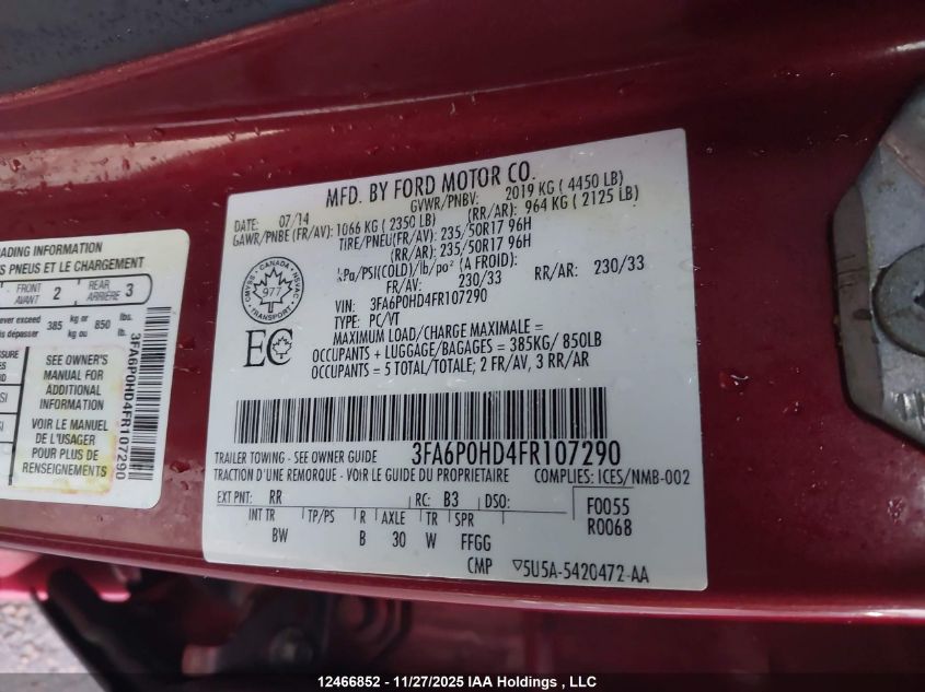 2015 Ford Fusion Se VIN: 3FA6P0HD4FR107290 Lot: 12466852