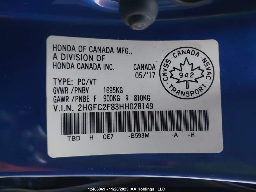 2017 Honda Civic Ex VIN: 2HGFC2F83HH028149 Lot: 12466869