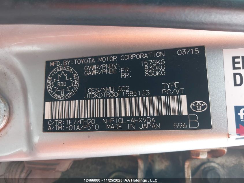 2015 Toyota Prius C VIN: JTDKDTB30F1585123 Lot: 12466880