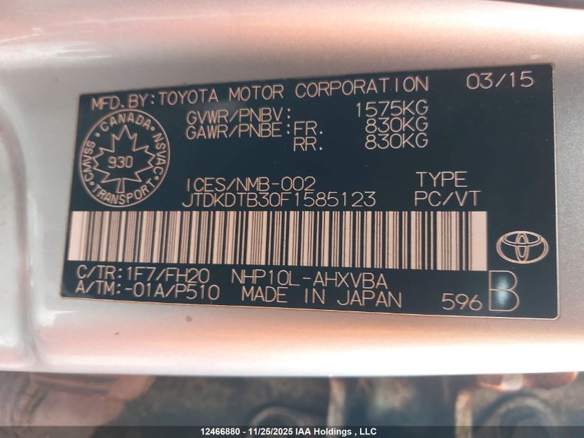 2015 Toyota Prius C VIN: JTDKDTB30F1585123 Lot: 12466880