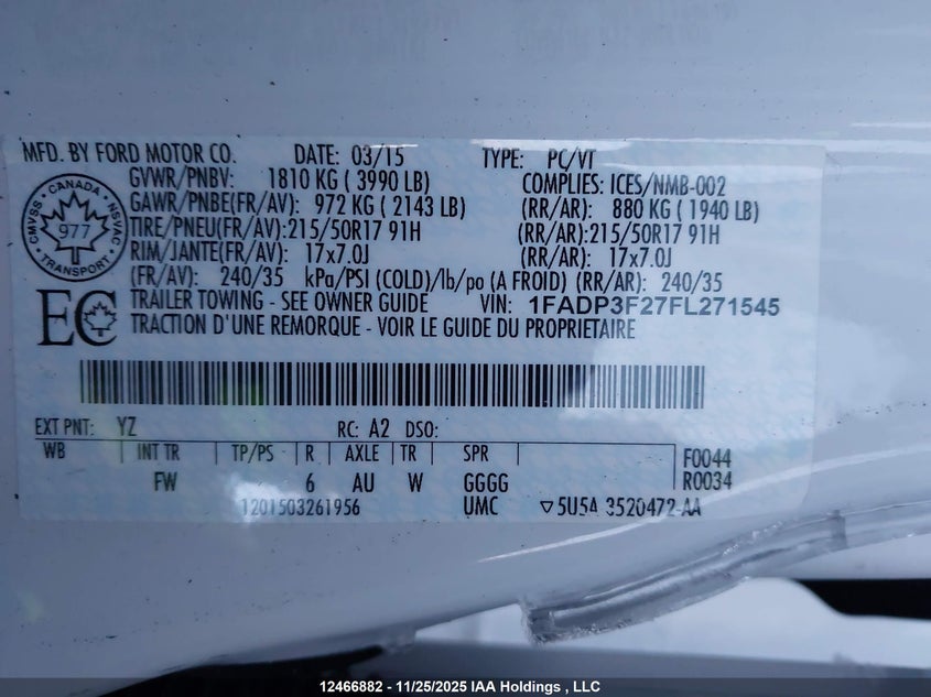 1FADP3F27FL271545 2015 FORD FOCUS photo no. 9
