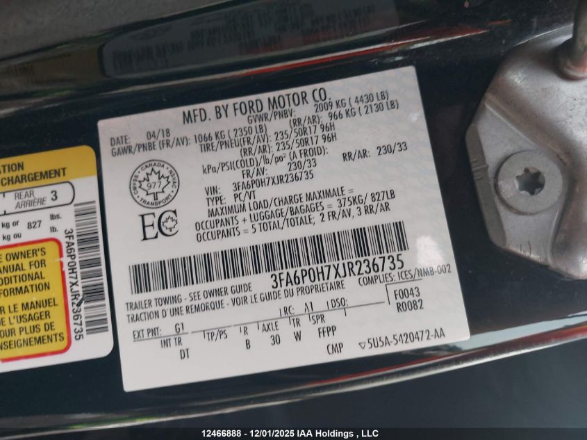 2018 Ford Fusion Se VIN: 3FA6P0H7XJR236735 Lot: 12466888
