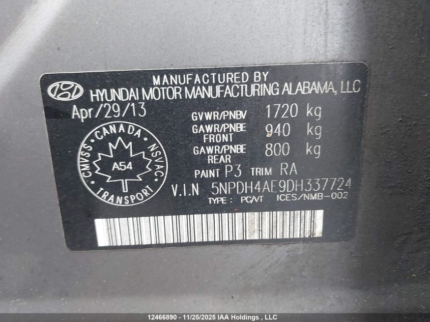 2013 Hyundai Elantra VIN: 5NPDH4AE9DH337724 Lot: 12466890