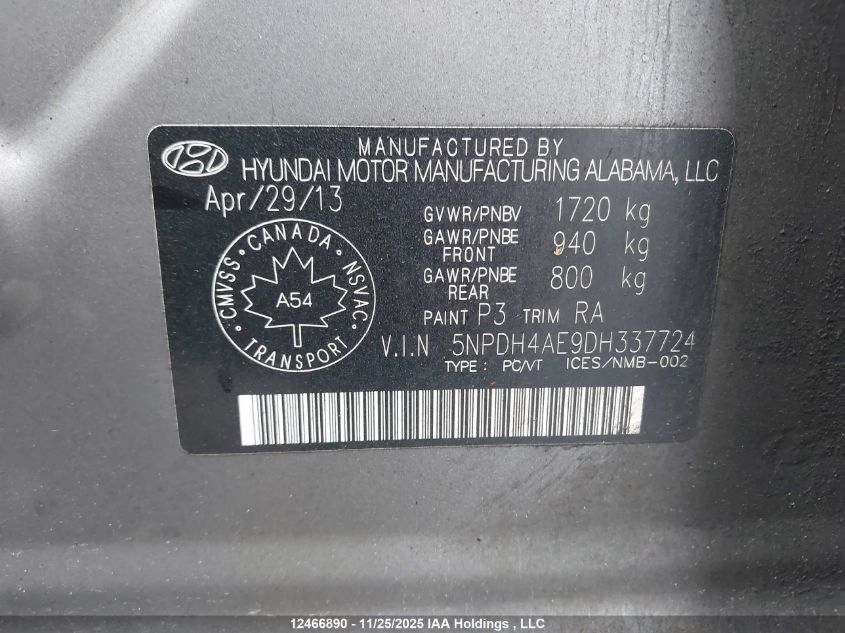 2013 Hyundai Elantra VIN: 5NPDH4AE9DH337724 Lot: 12466890