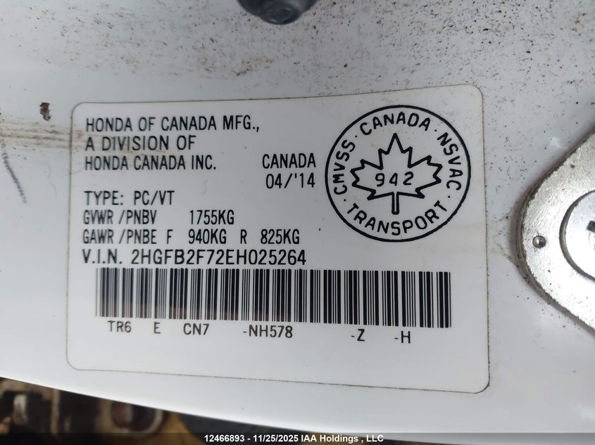 2HGFB2F72EH025264 2014 HONDA CIVIC photo no. 9